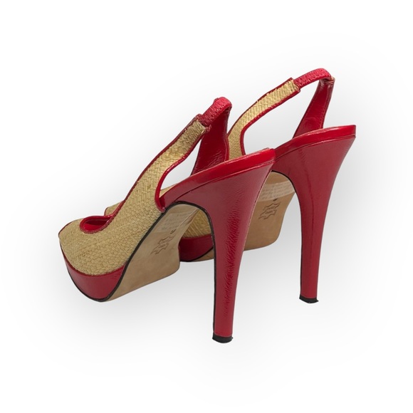 Bebe ᪥ Katie Woven Straw Platform Slingback Heeled Sandals ᪥ Red Leather ᪥ 6M ᪥ - Picture 4 of 16